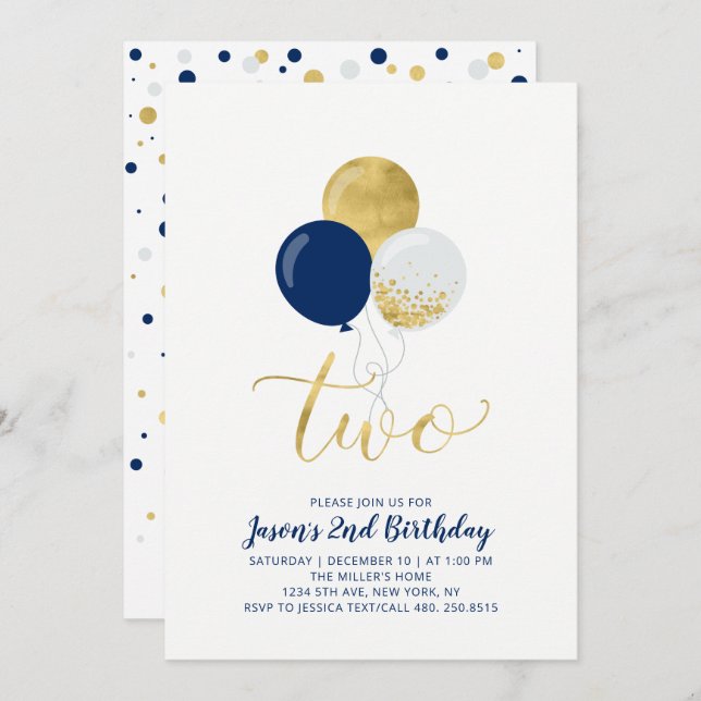 Navy & Gold Balloons | 2. Junge Geburtstag Einladung (Vorne/Hinten)