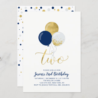 Navy & Gold Balloons | 2. Junge Geburtstag Einladung