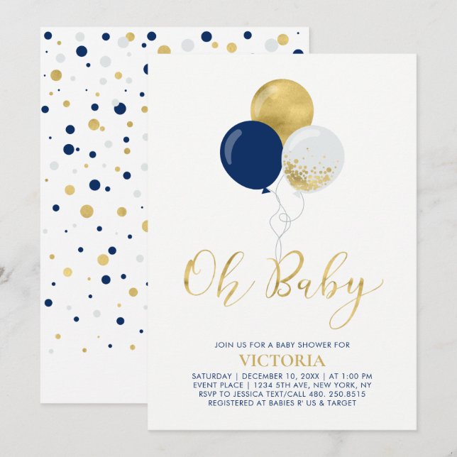 Navy & Gold Balloons | Oh Baby Boy Baby Dusche Einladung (Vorne/Hinten)