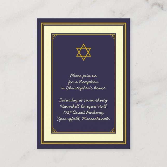 Navy & Gold Bar Mitzvah Empfang Card Begleitkarte (Vorderseite)