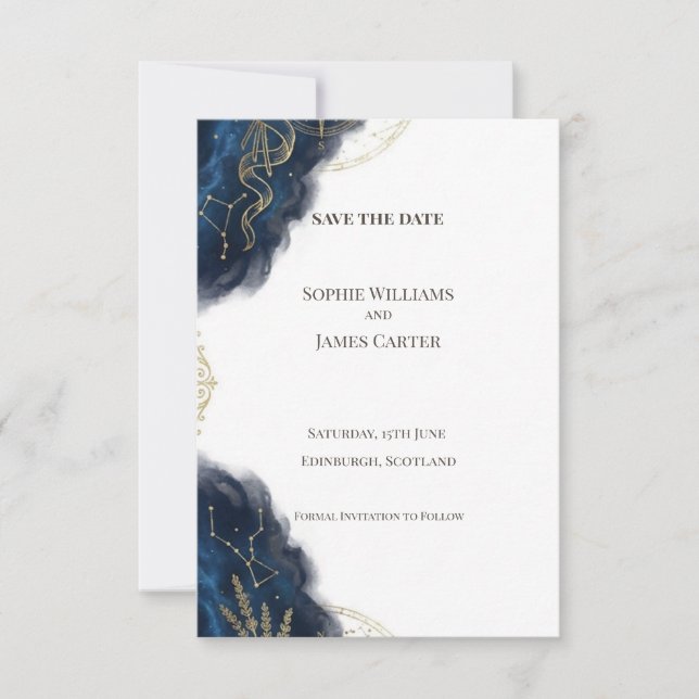 Navy Gold Barock Hochzeitseinladungskarte zur Vora Save The Date (Vorderseite)