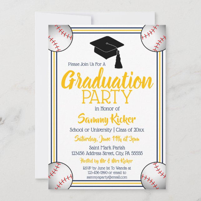 Navy & Gold Baseball Graduation Party Einladung (Vorderseite)