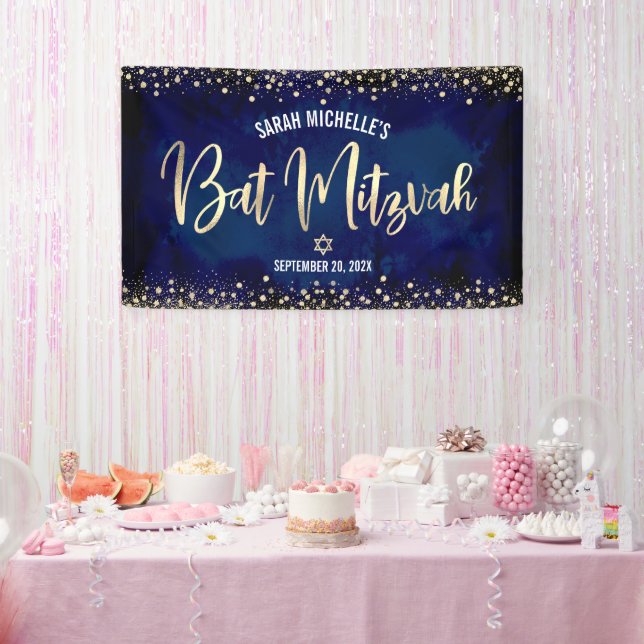 Navy Gold Bat Mitzvah Modern Foil Glitzer Script Banner (Party)