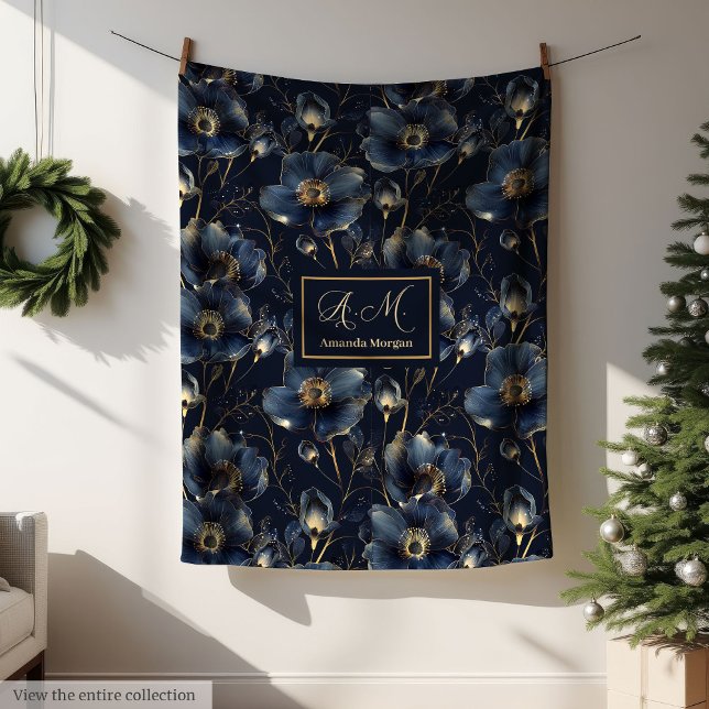 Navy Gold Blumen Decke Moderne Individuelle Namens (Navy Gold Flower Blanket Modern Custom Name Style)