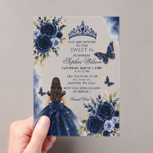 Navy Gold Blumen Schmetterling Prinzessin Sweet 16 Acryleinladungen