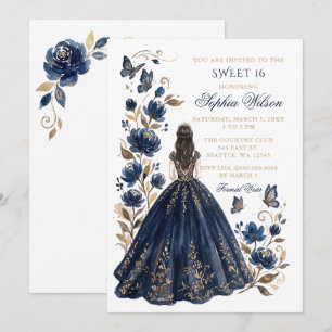Navy Gold Blumen Schmetterling Prinzessin Sweet 16 Einladung