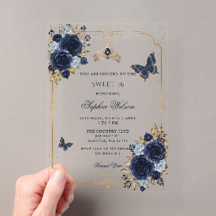 Navy Gold Blumen Schmetterling Sweet 16 Acryleinladungen