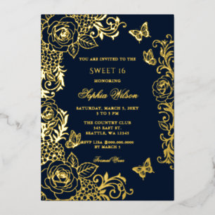 Navy Gold Blumen Schmetterling Sweet 16 Folieneinladung