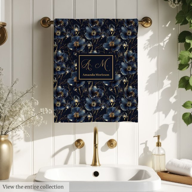 Navy Gold Blumenhandtücher im modernen Monogramm-S Badhandtuch Set (Navy Gold Flower Towels Modern Monogram Style)