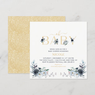 Navy & Gold Boho Floral Baby Shower Quadrat Einladung
