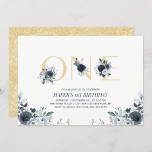 Navy & Gold Boho Floral Erster Geburtstag Party Einladung