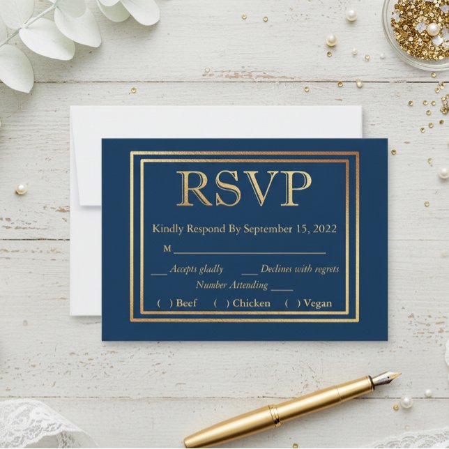Navy Gold Border UAWG Wedding Simple Meal Choice RSVP Karte (Von Creator hochgeladen)
