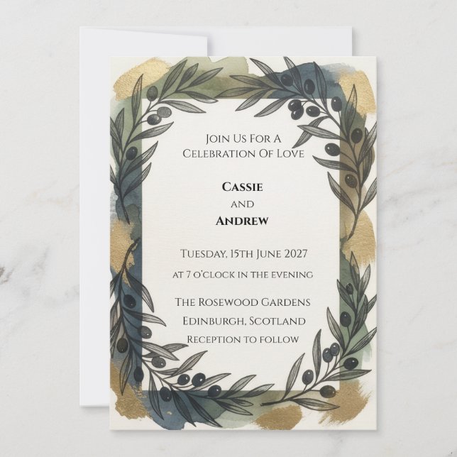 Navy Gold Botanische Hochzeit Einladung (Vorderseite)