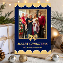Navy & Gold Bow Scalloped Family Christmas Photo