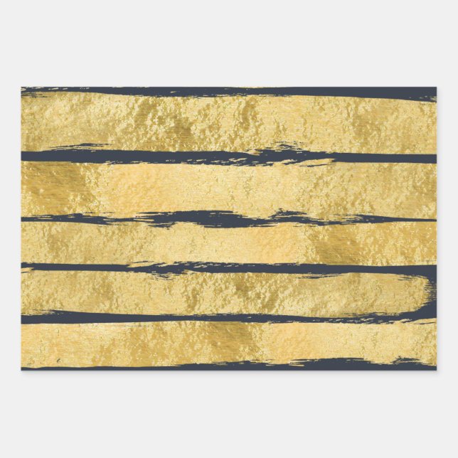 NAVY GOLD Brush Strip Wrapping Paper Geschenkpapier Set (Vorderseite)
