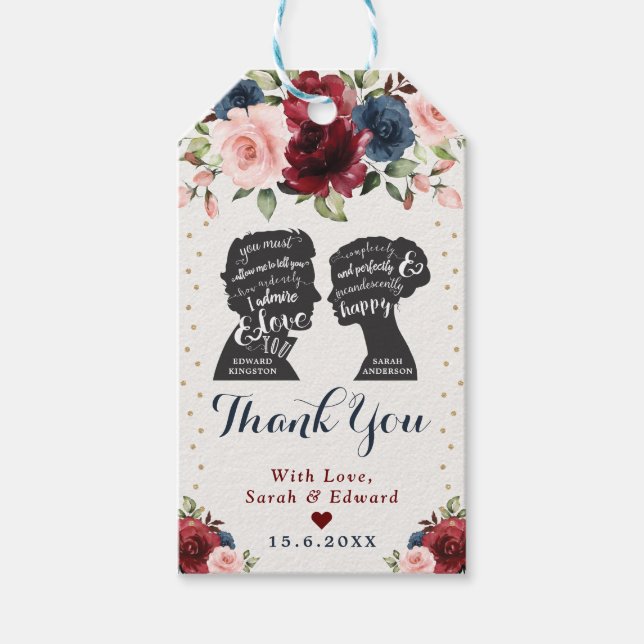 Navy Gold Burgundy Blume Book Nerd Gastgeschenke H Geschenkanhänger (Vorderseite)