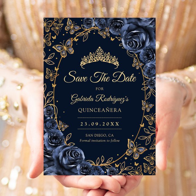 Navy Gold Butterflies Roses Quinceanera Save The Date (Von Creator hochgeladen)