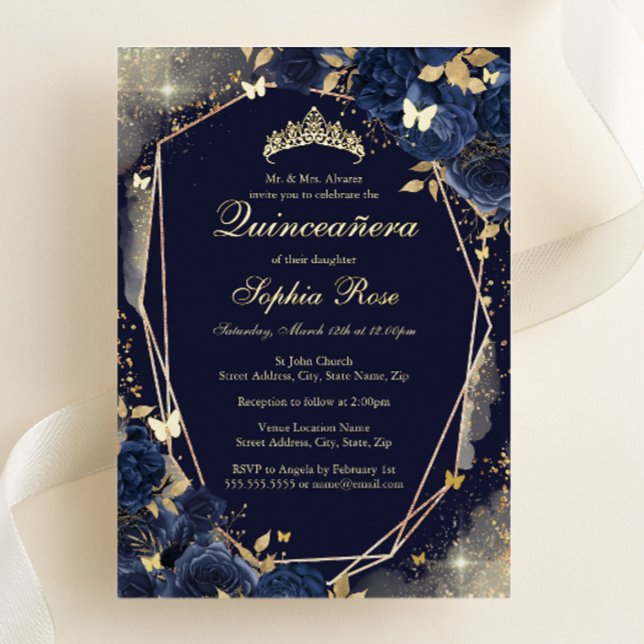 Navy Gold Butterfly Floral Quinceanera Folieneinladung (Von Creator hochgeladen)