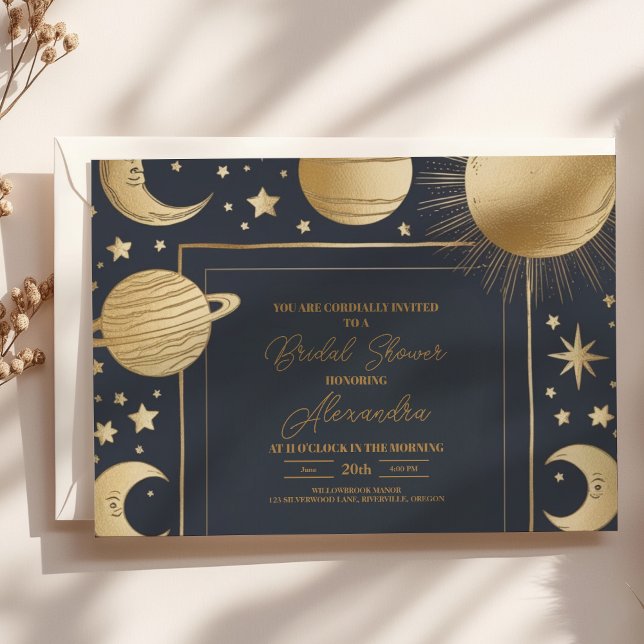 Navy Gold Celestist Crescent Moon Brautparty Einladung (Von Creator hochgeladen)