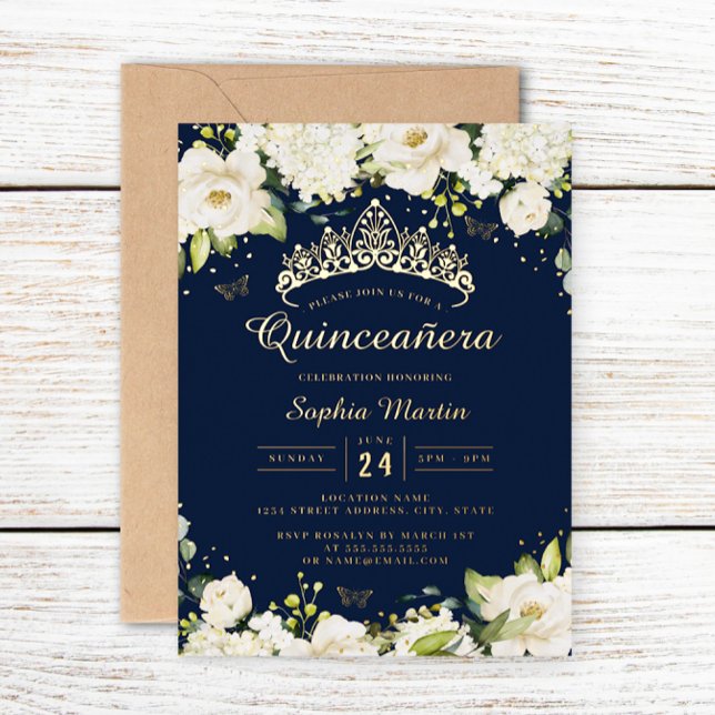 Navy Gold Champagne Floral Quinceanera Folieneinladung (Von Creator hochgeladen)