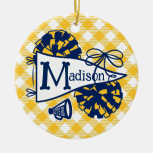 Navy Gold Cheer Wimpel Gingham Personalisiert  Keramik Ornament