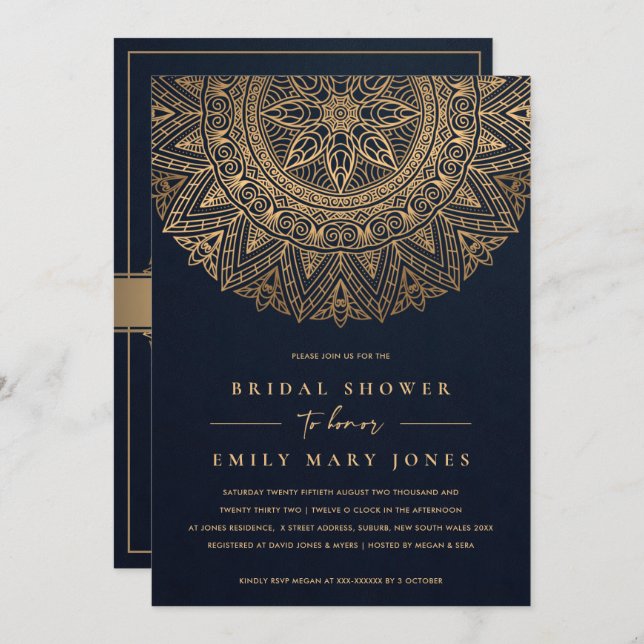 NAVY GOLD CLASSIC VERZIERT MANDALA BRAUTPARTY EINLADUNG (Vorne/Hinten)