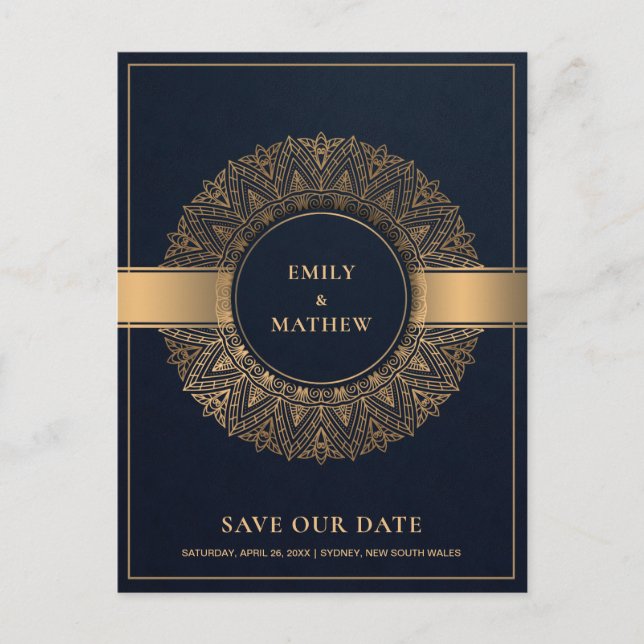 NAVY GOLD CLASSIC VERZIERT MANDALA SAVE THE DATE ANKÜNDIGUNGSPOSTKARTE (Vorderseite)