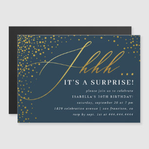 Navy & Gold Confetti-Script-Überraschung Party Magneteinladung