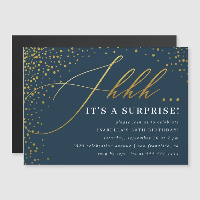 Navy & Gold Confetti-Script-Überraschung Party Magneteinladung (Vorne/Hinten)