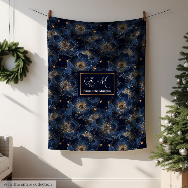 Navy Gold Custom Blanket Lux Floral Throw Style Fleecedecke (Navy Gold Custom Blanket Lux Floral Throw Style)
