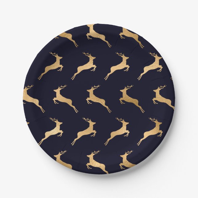 Navy Gold Deer Pattern Pappteller (Vorderseite)