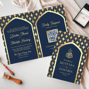 Navy Gold Diamonds Arch QR Code Muslime Hochzeit Einladung