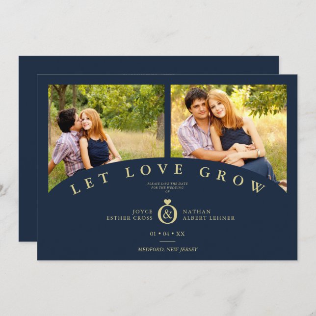 Navy Gold Elegant 2 Photos let Love Grow Wedding (Vorne/Hinten)