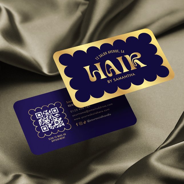 Navy & Gold Elegante Moderne QR Code Frisur Stylis Visitenkarte (Von Creator hochgeladen)