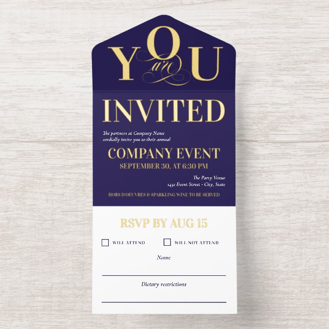 Navy Gold Elegante Typografie Corporate Event All-in-One-Einladung (Innenseite)