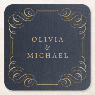 Navy Gold elegante Vintage blühend Paare Name Rechteckiger Pappuntersetzer