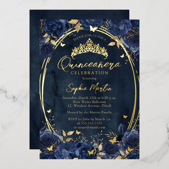 Navy Gold faszinierende Blumenschmetterling Quince Folieneinladung (Vorderseite/Rückseite)