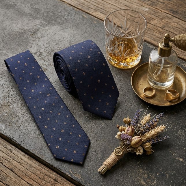 Navy Gold Fleur-de-Lis Foulard Krawatte (Von Creator hochgeladen)