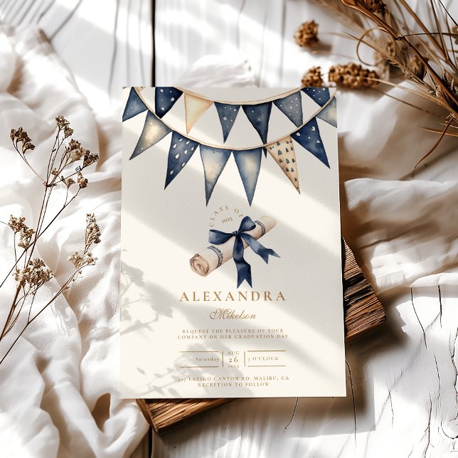 Navy Gold Floral Abschluss Einladung (Von Creator hochgeladen)