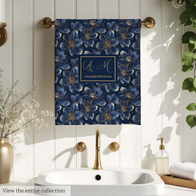 Navy Gold Floral Bath Towels Chic Personalized Set (Navy Gold Floral Bath Towels Chic Personalized Set)