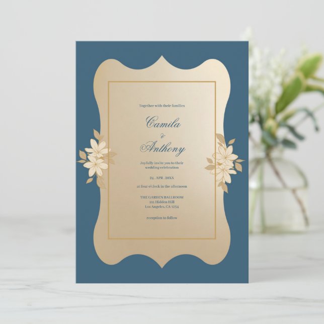 Navy Gold Floral Boho Hochzeit Einladung (Stehend Vorderseite)