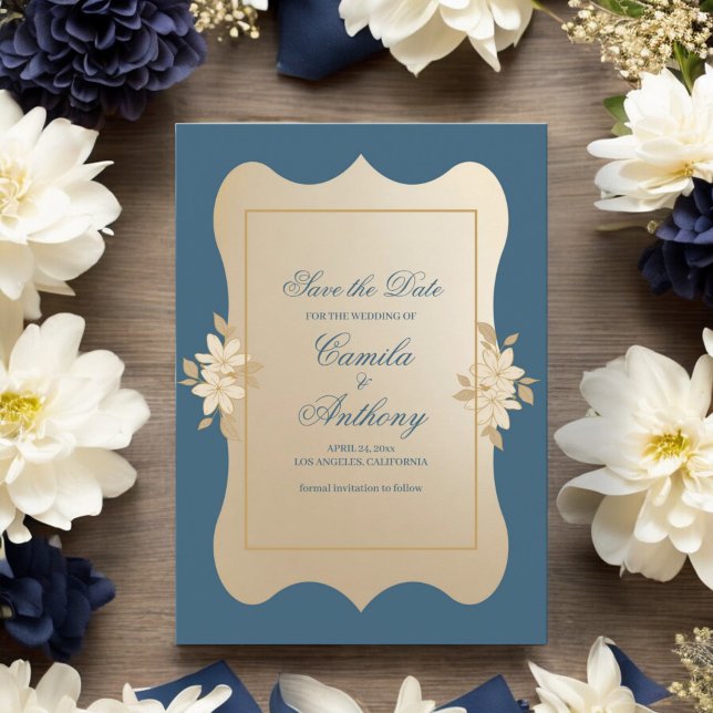 Navy Gold Floral Boho Hochzeit speichern das Datum Einladung (Von Creator hochgeladen)