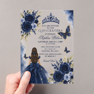 Navy Gold Floral Butterfly Prinzessin Quinceañera Acryleinladungen