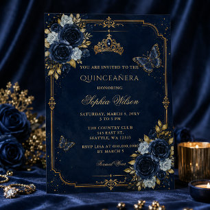 Navy Gold Floral Butterfly Quinceañera Einladung