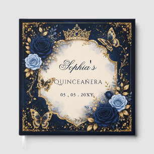 Navy Gold Floral Butterfly Quinceañera Gästebuch