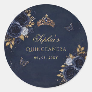 Navy Gold Floral Butterfly Quinceañera Runder Aufkleber