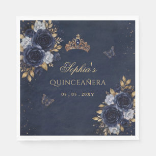 Navy Gold Floral Butterfly Quinceañera Serviette