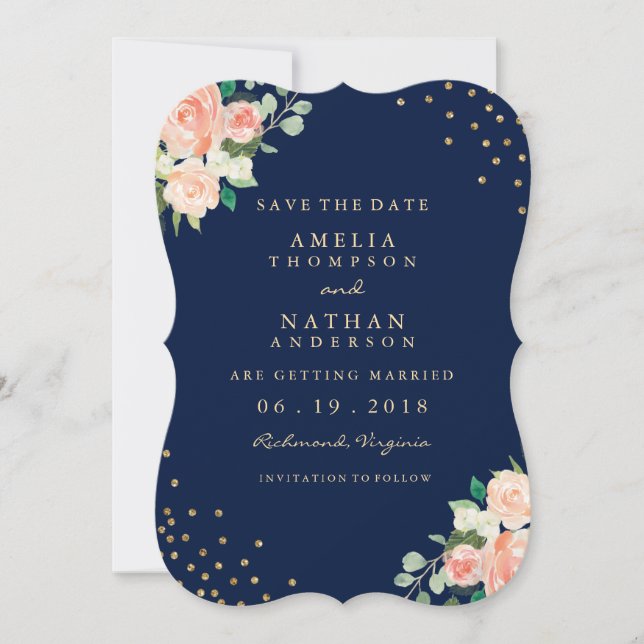 Navy Gold Floral Confetti Hochzeit speichern das D Save The Date (Vorderseite)
