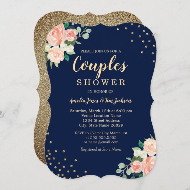Navy Gold Floral Confetti Wedding Couples Dusche Einladung (Vorne/Hinten)