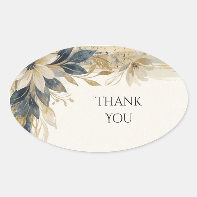 Navy Gold Floral Danke Oval Aufkleber (Vorderseite)